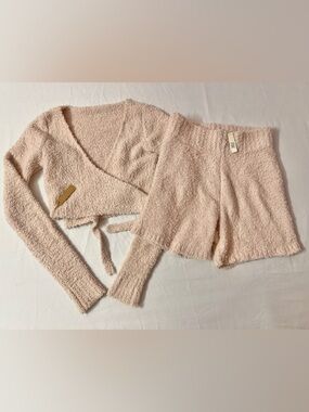 SKIMS Cozy Knit Sherpa Wrap Long Sleeve Crop Top + Shorts Short Set Dusk Pink